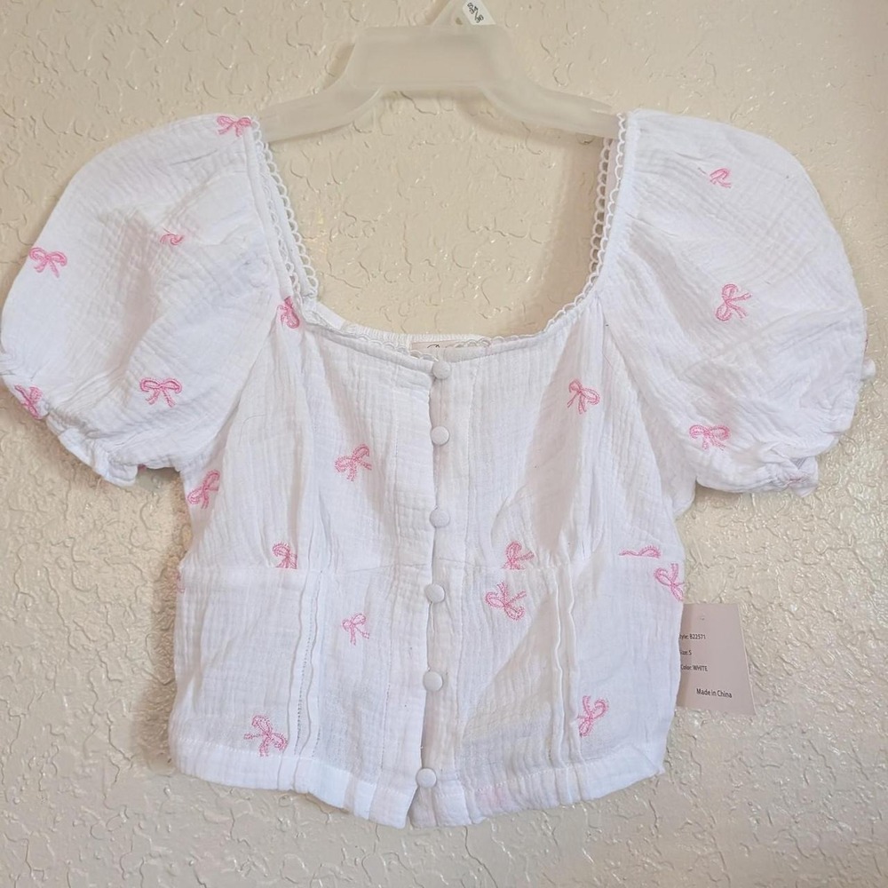Passport Womens White Crinkle Cotton Pink Bow Embroidered Puff Sleeve Crop Top S